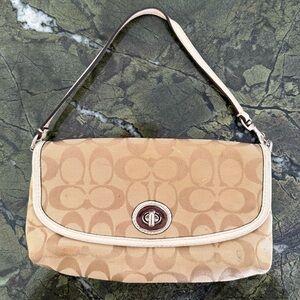 Coach Tan Signature Canvas Turnlock Shoulder Bag Small 8” long